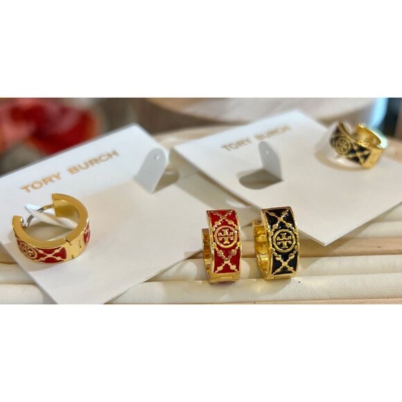 SET OF TWO - Tory Burch Red and Gold and Black and Gold Monogram Huggies - Picture 1 of 8